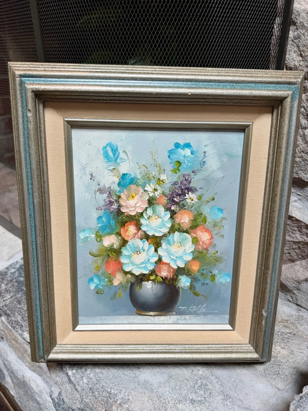 Vintage T Kelly Original Oil Painting Bouquet Wall Art - Blue Orange and Cream